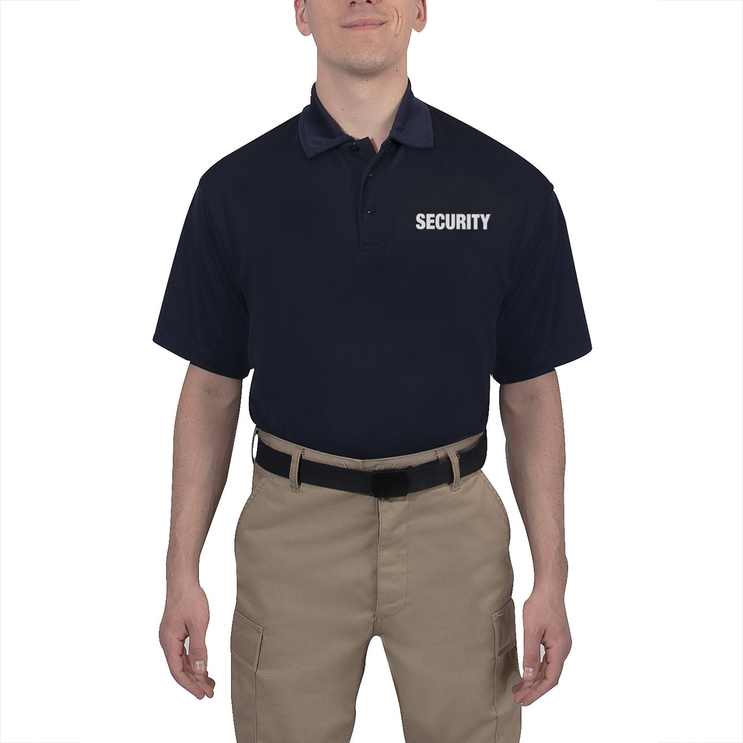 MilSpec Moisture Wicking Security Polo Shirt Midnight Navy Blue with White Lettering