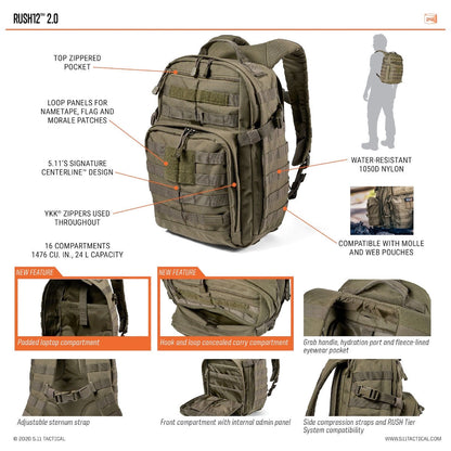 5.11 Tactical Rush 12 Backpack 2.0 Tactical Distributors Ltd New Zealand