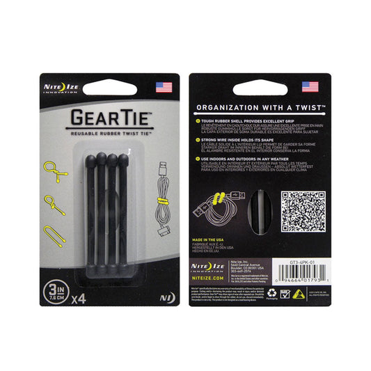 Nite Ize Gear Tie Original Reusable Rubber Twist Tie Black 3" 4 Pack Tactical Distributors Ltd New Zealand